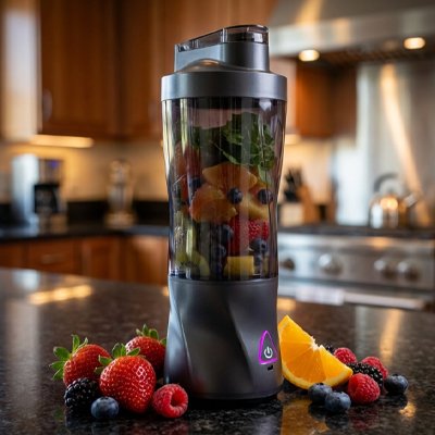 Mini mixeur plein de fruits dans une cuisine