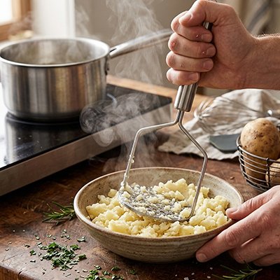 Presse purée bol sur comptoir en bois et persil