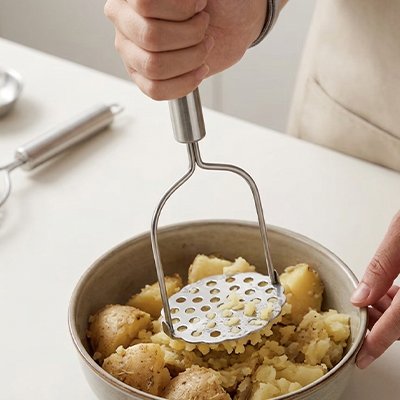 Presse purée bol sur un comptoir blanc