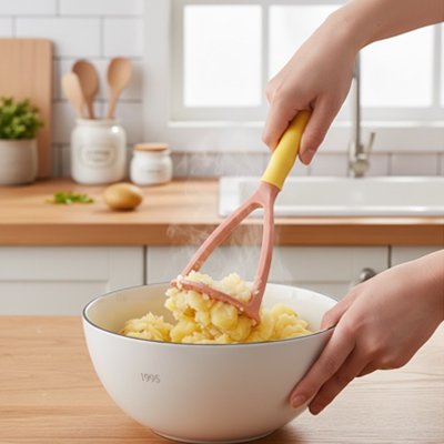 Presse purée orange bol blanc sur comptoir beige