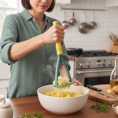 Presse purée vert dame dans cuisine blanche